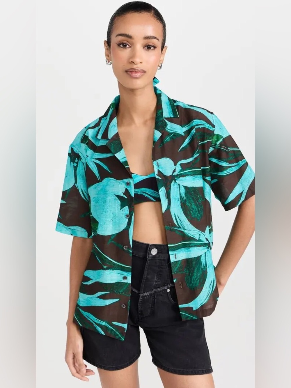 LOUISA BALLOU Weekend Shirt in Turquoise Flower Size Small VGUC - Picture 2 of 7